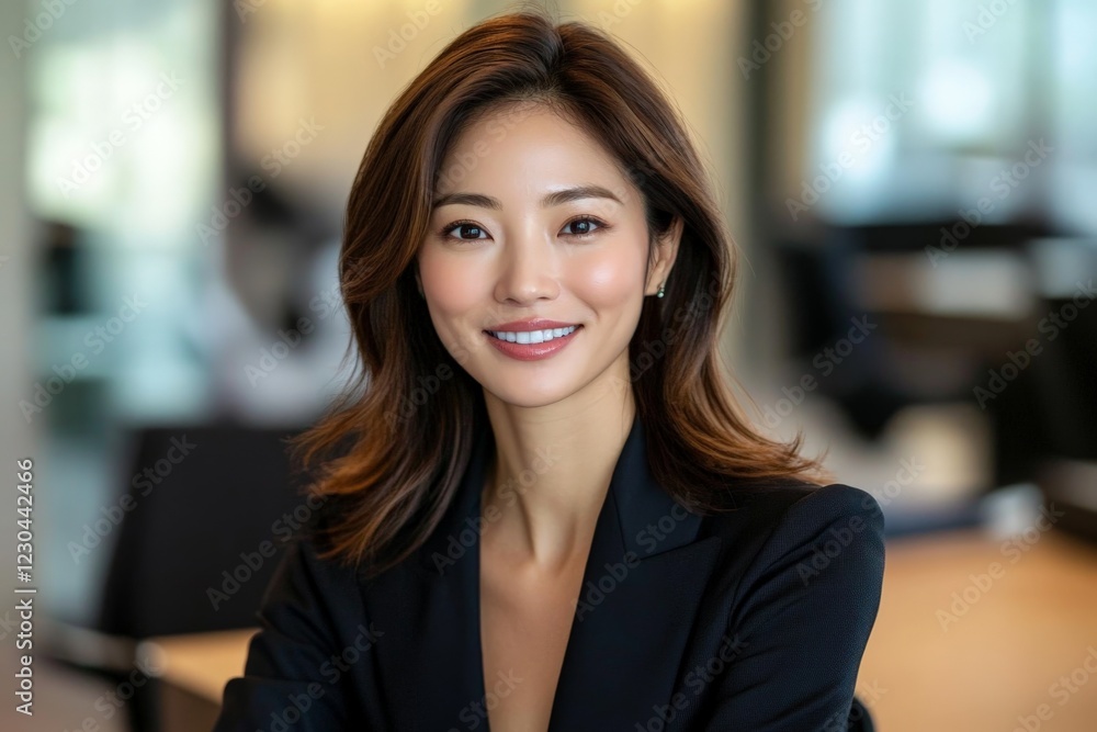 Confident professional woman smiling in office setting with modern decor during the day Confident professional woman smiling in office setting with modern decor during the day