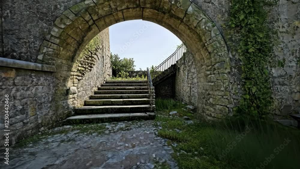 Stone archway leading to steps through ancient ruins surrounded by greenery on a clear day Stone archway leading to steps through ancient ruins surrounded by greenery on a clear day