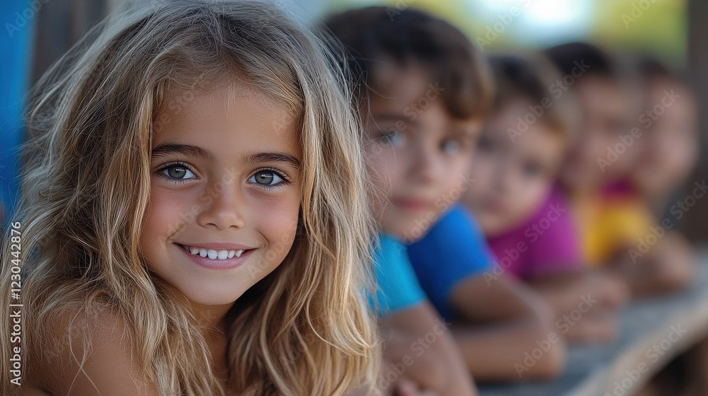 Obraz premium A joyful young girl with wavy hair smiles brightly, surrounded by her friends, capturing the essence of childhood happiness and companionship in a sunny outdoor setting.