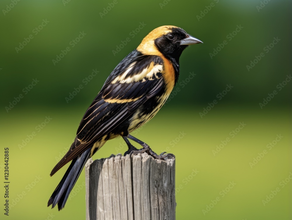 Fototapeta premium Bobolink Perched on Fence Post: A Colorful Migration Bird of Ohio's Outdoors in Spring