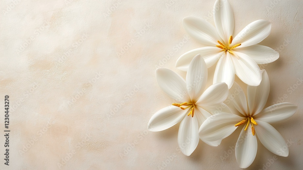 Fototapeta premium Elegant white gardenias on beige background; perfect for wedding invitations or spa promotions