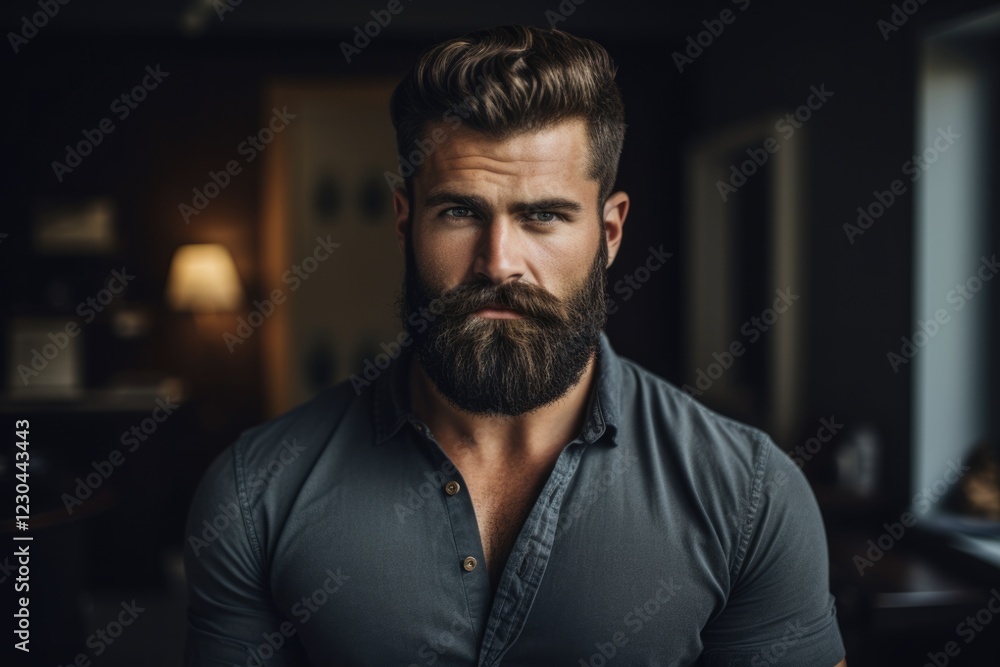 Brown Bearded Handsome Man Portrait with Casual Attire and Fun Expression in Front of Colored Background Brown Bearded Handsome Man Portrait with Casual Attire and Fun Expression in Front of Colored Background