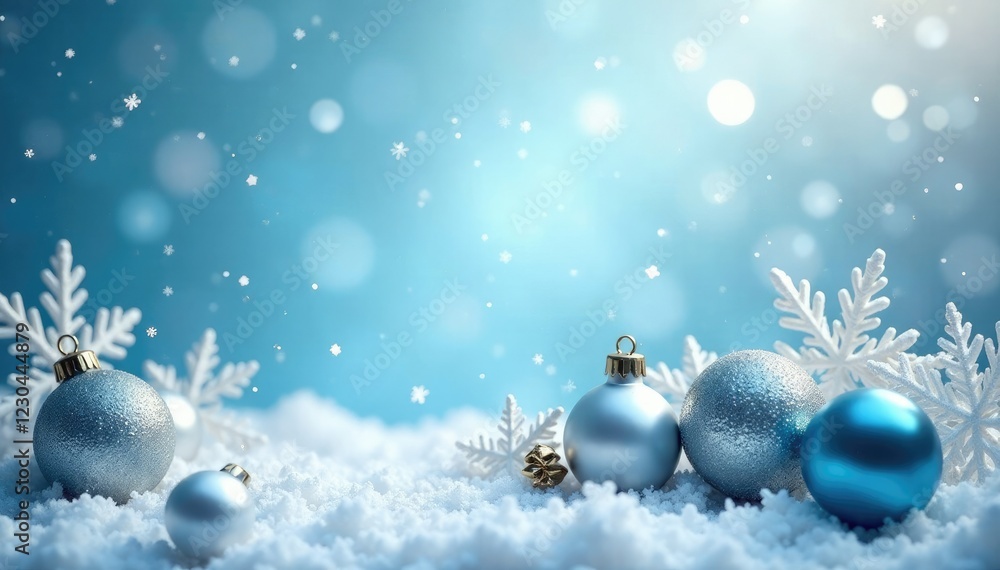 Sparkling snowflakes fall around Christmas ornaments on a frosty white background, blue, white, christmas decorations Sparkling snowflakes fall around Christmas ornaments on a frosty white background, blue, white, christmas decorations