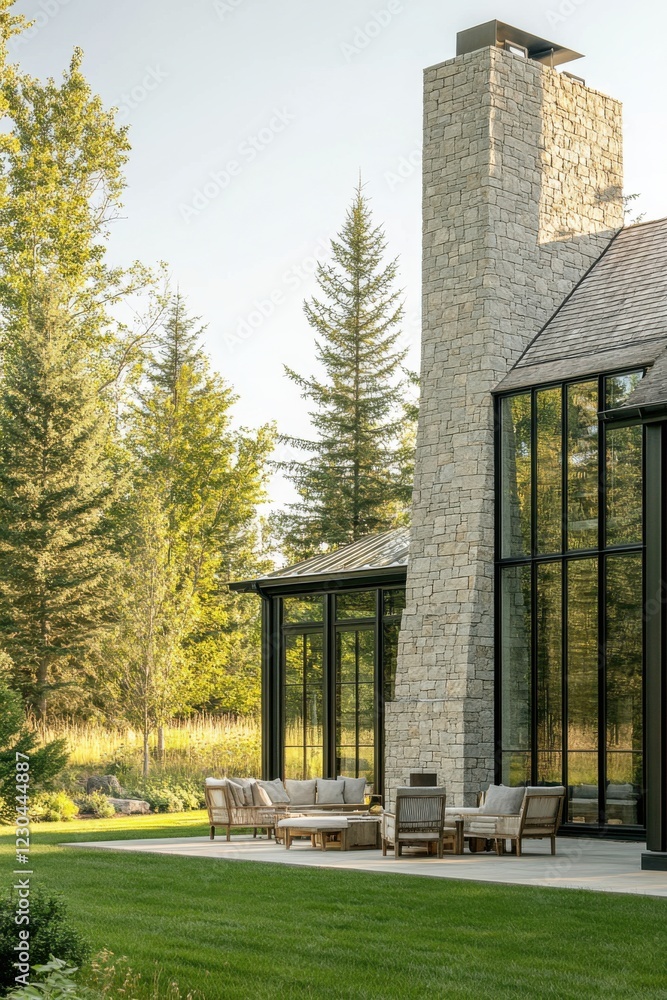 A charming outdoor seating area nestled next to a contemporary stone house, enveloped by vibrant green trees, basking in the warm morning light A charming outdoor seating area nestled next to a contemporary stone house, enveloped by vibrant green trees, basking in the warm morning light