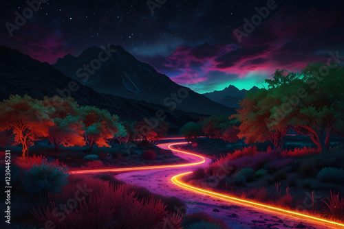 fantastic neon colors lights on mind blowing hills landscape, fantasy tech world related futuristic landscape