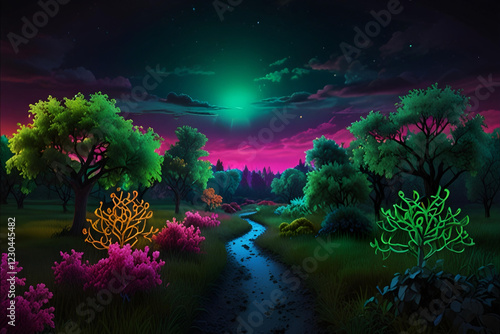 neon multi colors lights on mind blowing tropical forest at night, tech world related futuristic landscape