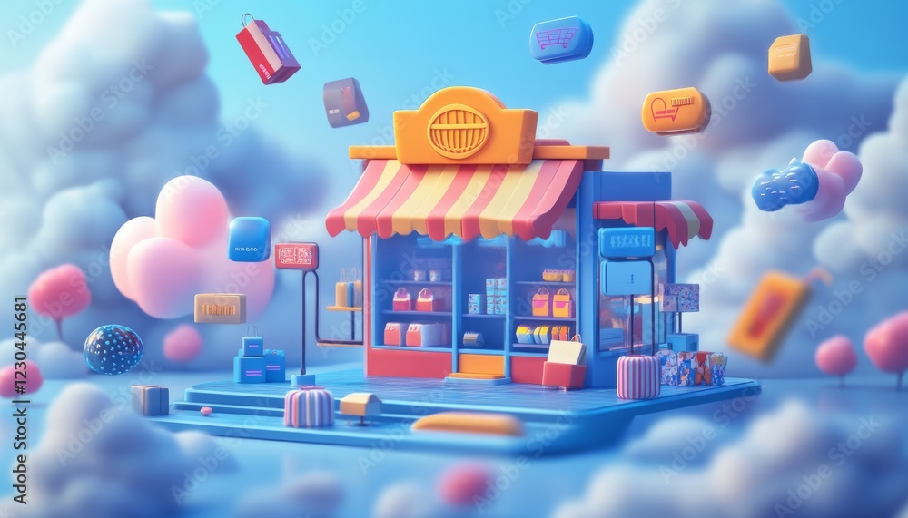Cute cartoon shop in the clouds with floating shopping items. Cute cartoon shop in the clouds with floating shopping items.