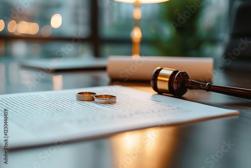 Two wedding rings lie on a contract, with a gavel placed nearby, depicting the union of love and law. Divorce Settlement with Gavel and Rings, Divorce Law photo