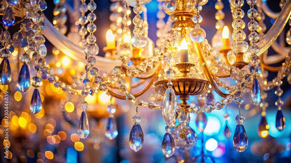 Sparkling Crystal Chandelier Mobile Close-Up: Bokeh Background Sparkling Crystal Chandelier Mobile Close-Up: Bokeh Background