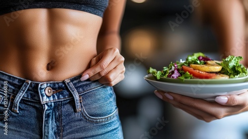 A fit individual displays a flat stomach while holding a vibrant salad, showcasing healthy eating habits that promote wellness, fitness, and a balanced lifestyle. photo