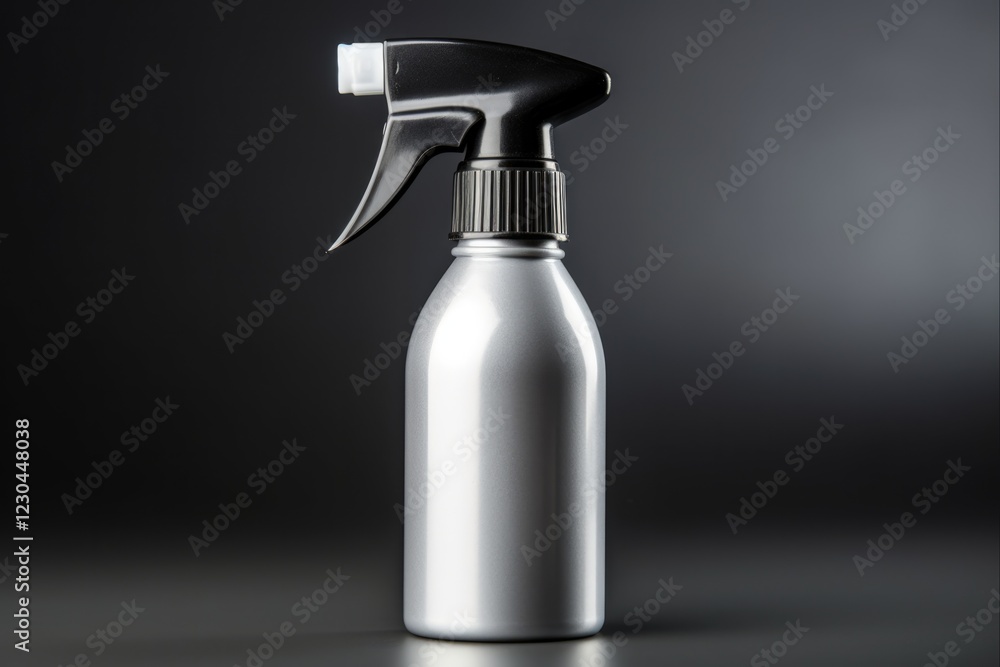 Close-up View of Silver Aluminum Trigger Sprayer Bottle Mockup for Cosmetic Spray with Accessory Handgun Design Close-up View of Silver Aluminum Trigger Sprayer Bottle Mockup for Cosmetic Spray with Accessory Handgun Design