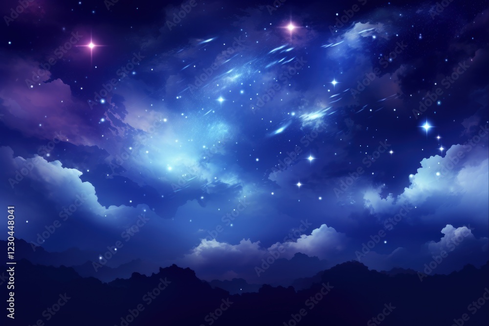 Naklejka premium Cloudy Night Sky with Sparkling Stars and Galaxy Background - Astronomy and Space Concept