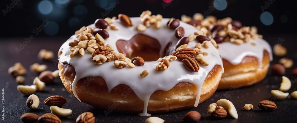 Chocolate glazed donuts topped with a variety of nuts is showcased on a rustic wooden table. The warm lighting enhances the delicious details and textures of the treats. Generative AI Chocolate glazed donuts topped with a variety of nuts is showcased on a rustic wooden table. The warm lighting enhances the delicious details and textures of the treats. Generative AI
