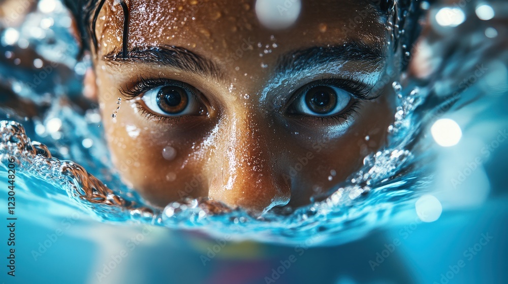 A child's inquisitive eyes emerge from underwater, reflecting curiosity and wonder, inviting viewers into the magical and playful world of aquatic exploration and discovery. A child's inquisitive eyes emerge from underwater, reflecting curiosity and wonder, inviting viewers into the magical and playful world of aquatic exploration and discovery.