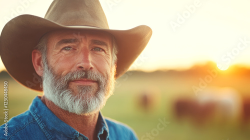 Mature caucasian man with beard wearing cowboy hat in sunset rural landscape warm and rugged portrait