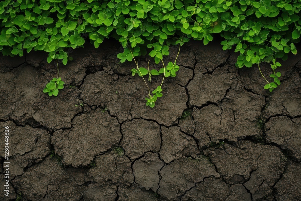 Green Plants Growing on Dry Cracked Soil for Nature Concept Green Plants Growing on Dry Cracked Soil for Nature Concept