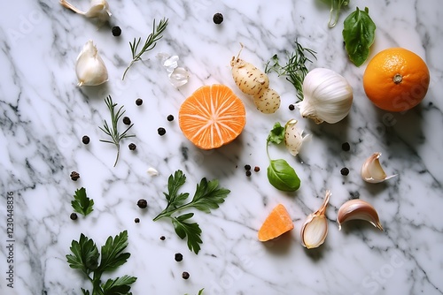 Wallpaper Mural Fresh citrus, herbs, spices, and garlic arranged beautifully on a marble surface, ready for cooking. Torontodigital.ca