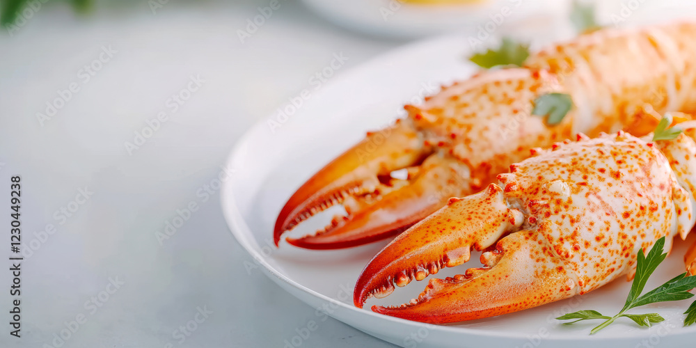 Fresh lobster claws on white plate garnished with parsley seafood gourmet dining concept Fresh lobster claws on white plate garnished with parsley seafood gourmet dining concept