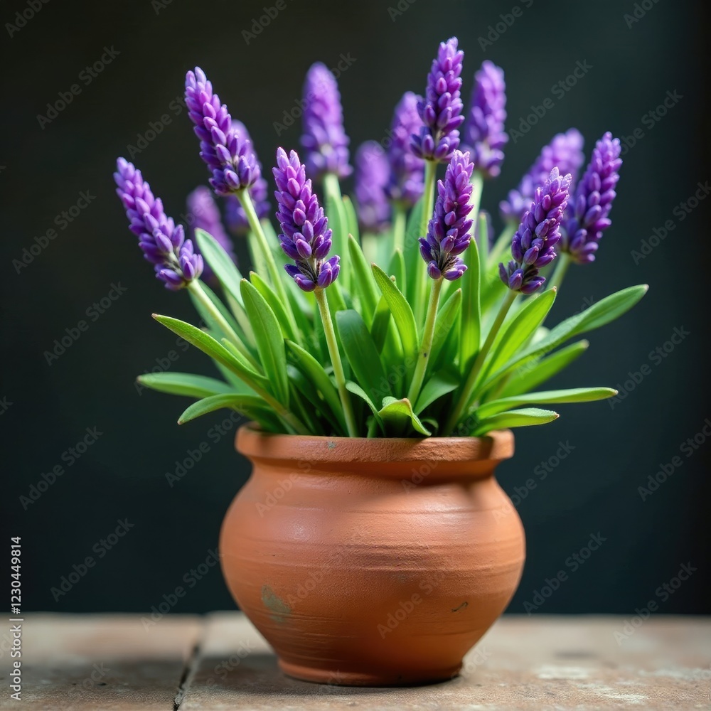 Fototapeta premium Fragrant lavender blooms in a weathered earthenware pot, nature, vintage