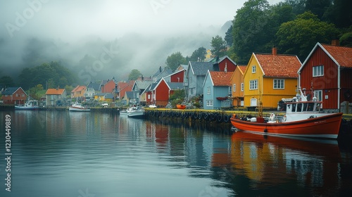 A coastal village with colorful houses and fishing boats in the harbor.