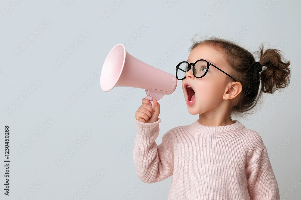 A little girl with glasses and pink clothes, shouts loudly through a megaphone, child speaker. A little girl with glasses and pink clothes, shouts loudly through a megaphone, child speaker.