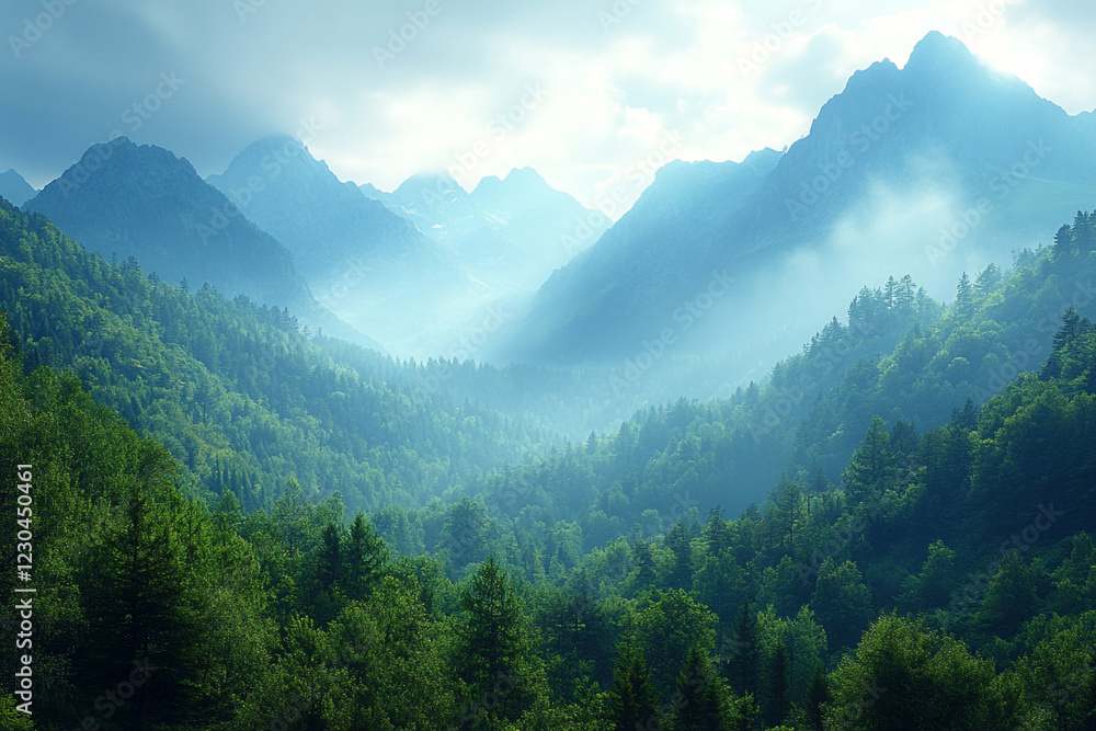Fototapeta premium Misty Mountains and Verdant Forests A Scenic View