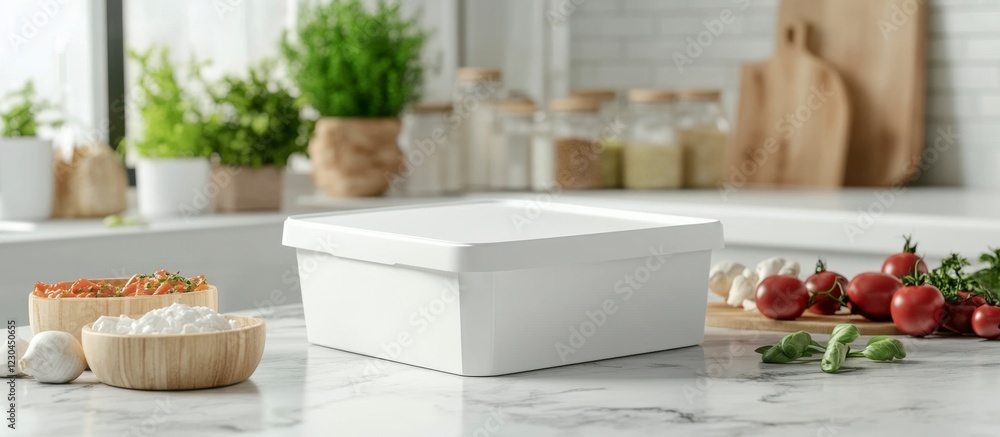 White Food Container Mockup in Bright Kitchen White Food Container Mockup in Bright Kitchen
