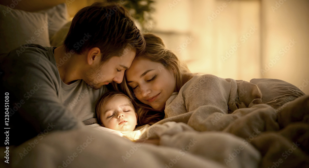 Loving parents cuddling with their sleeping baby in a warm, cozy bedroom setting, representing family bonds, tenderness, affection, and the peaceful moments of parenthood and togetherness Loving parents cuddling with their sleeping baby in a warm, cozy bedroom setting, representing family bonds, tenderness, affection, and the peaceful moments of parenthood and togetherness