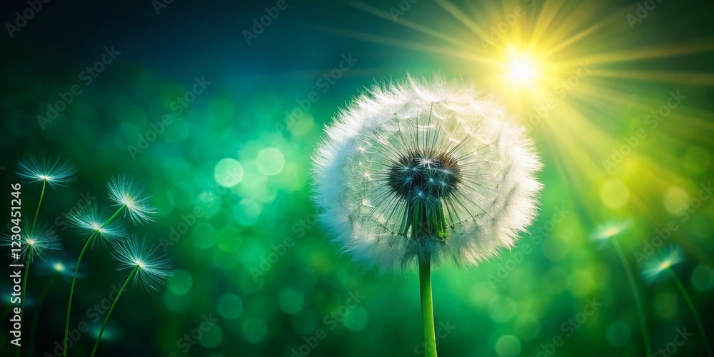 Spring Dandelion in Sunshine - Vibrant Green Night Bloom Stock Photo Spring Dandelion in Sunshine - Vibrant Green Night Bloom Stock Photo