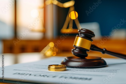 A wooden gavel and a wedding ring sit on a divorce form, symbolizing the legal process of separation. Divorce Settlement with Gavel and Rings, Divorce Law photo