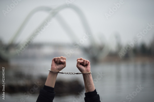 A masked and handcuffed man stands on the riverbank.