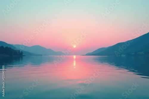 Wallpaper Mural Light pink and teal hues of sunrise over a calm lake, color gradient, peaceful, horizon Torontodigital.ca