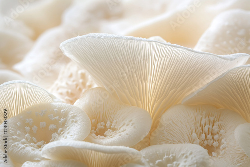 Delicate White Mushrooms Cluster Close Up View photo