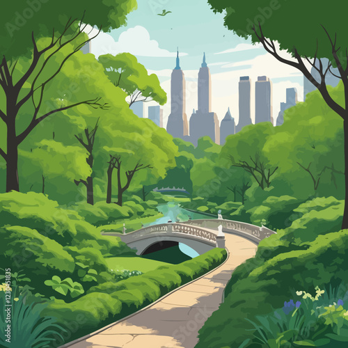 The illustration beautifully captures Central Park, the iconic green oasis in the heart of New York City. This urban retreat is depicted with lush, vibrant greenery and winding pathways