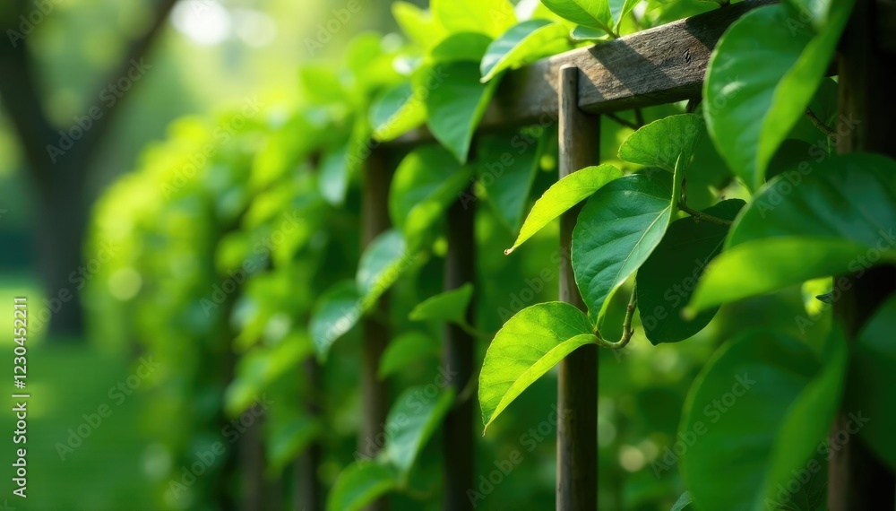 Lush green tea leaves hanging from a wooden trellis, plants, trees, wooden trellis Lush green tea leaves hanging from a wooden trellis, plants, trees, wooden trellis