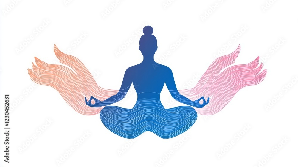 A serene silhouette in meditation with flowing colorful energy. A serene silhouette in meditation with flowing colorful energy.