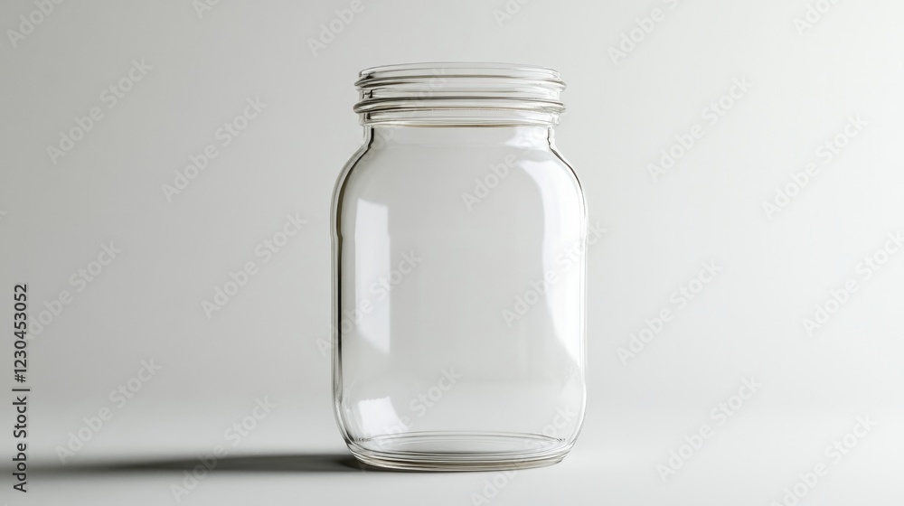 A transparent glass jar with a screw-threaded opening, isolated against a white background with precise clipping A transparent glass jar with a screw-threaded opening, isolated against a white background with precise clipping