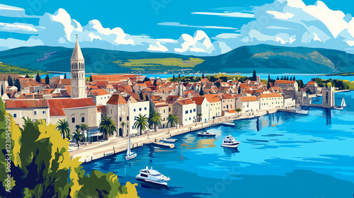 Illustration, Cityscape of trogir in Croatia, touristic advertisement poster. Beautiful touristic destination in Europe. Tourist must-see spot. Beautiful mediterian city at Adriatic Sea. Summer travel photo