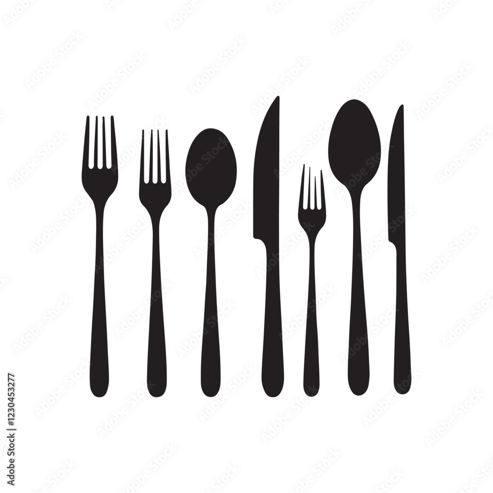 Silhouettes of cutlery, black and white flatware set Silhouettes of cutlery, black and white flatware set