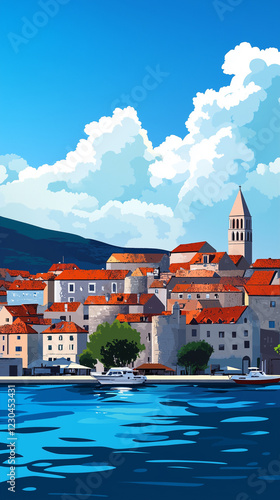 Illustration, Cityscape of trogir in Croatia, touristic advertisement poster. Beautiful touristic destination in Europe. Tourist must-see spot. Beautiful mediterian city at Adriatic Sea. Summer travel photo