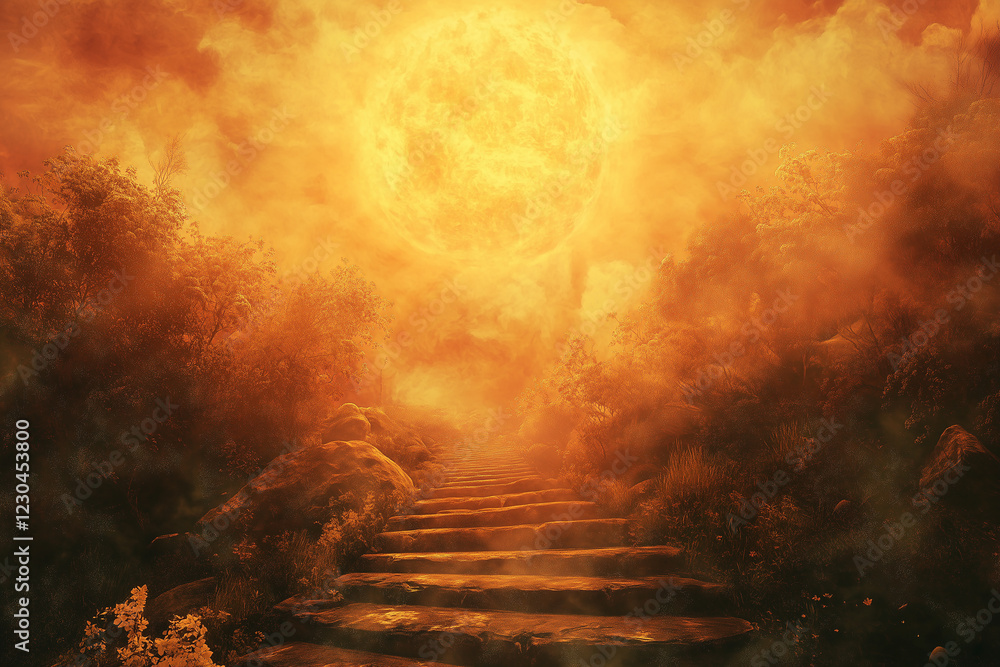 Fototapeta premium A road to heaven in radiant golden tones, bathed in bright, warm, and juicy colors. 