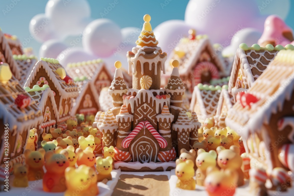 A whimsical gingerbread village with a majestic castle, surrounded by gummy bears in a dreamy, candy-like landscape. A whimsical gingerbread village with a majestic castle, surrounded by gummy bears in a dreamy, candy-like landscape.