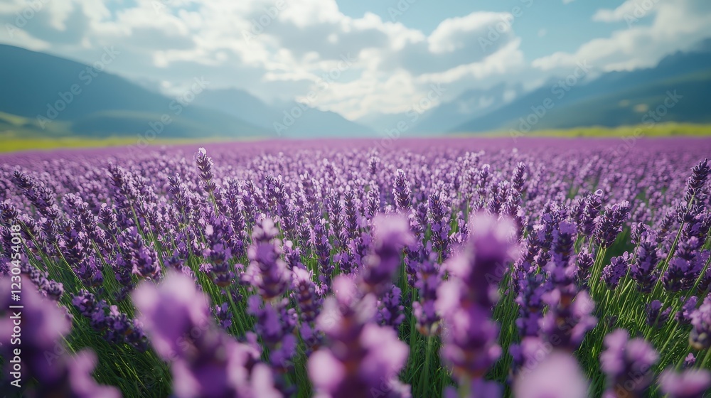 Naklejka premium A field of lavender under a bright blue sky.