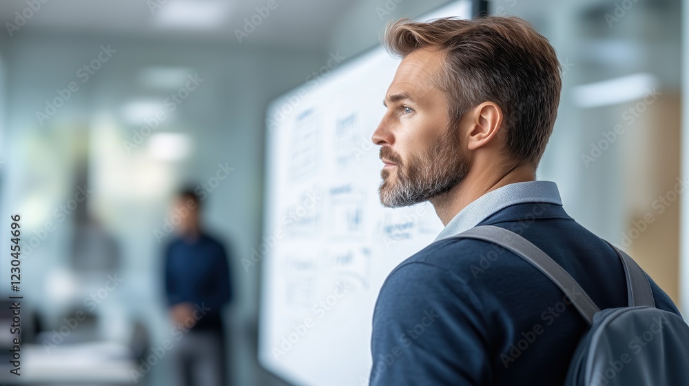 A man stands focused in a contemporary office, studying a whiteboard with complex details. A man stands focused in a contemporary office, studying a whiteboard with complex details.