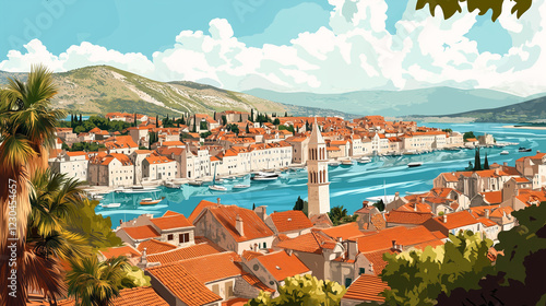 Illustration, Cityscape of trogir in Croatia, touristic advertisement poster. Beautiful touristic destination in Europe. Tourist must-see spot. Beautiful mediterian city at Adriatic Sea. Summer travel photo