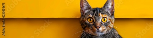 Adorable Cat Portrait Against Vibrant Yellow Background photo