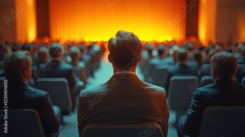 A group of executives attending an annual general meeting in a large hall.