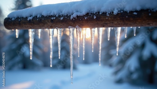 Sparkling icicles hanging from a rustic wooden beam, winter wonderland, ice, wood