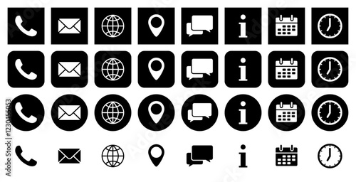 Set of contact icons. Phone, mail, location pin and website. Live chat or support, info, calendar and clock. Schedule and working hours. Set of black round and square icons.	
