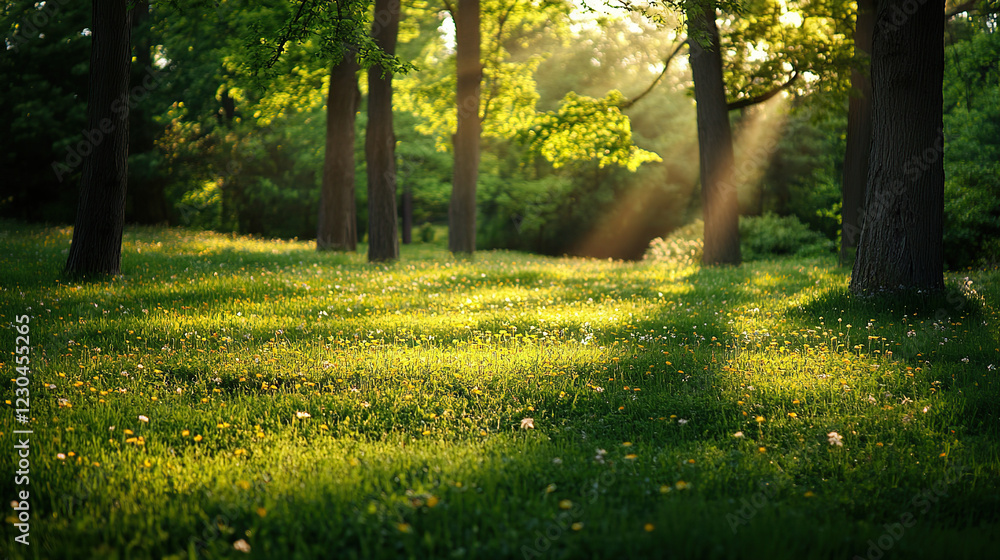 Fototapeta premium Sunlight streaming through trees in a tranquil forest